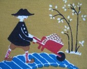 Golden wheelbarrow 2. Near mint Jangaard of Denmark cocktail napkin, mcm, collectible textile, fairy tale. Excellent condition.