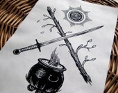The Tarot Suits BACK PATCH hand drawn and handmade screen printed patch, black on natural
