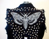 Death and the Devil upcycled denim punk vest, Moth back patch, Inverted Cross, Black Leather Daggers, Studded.