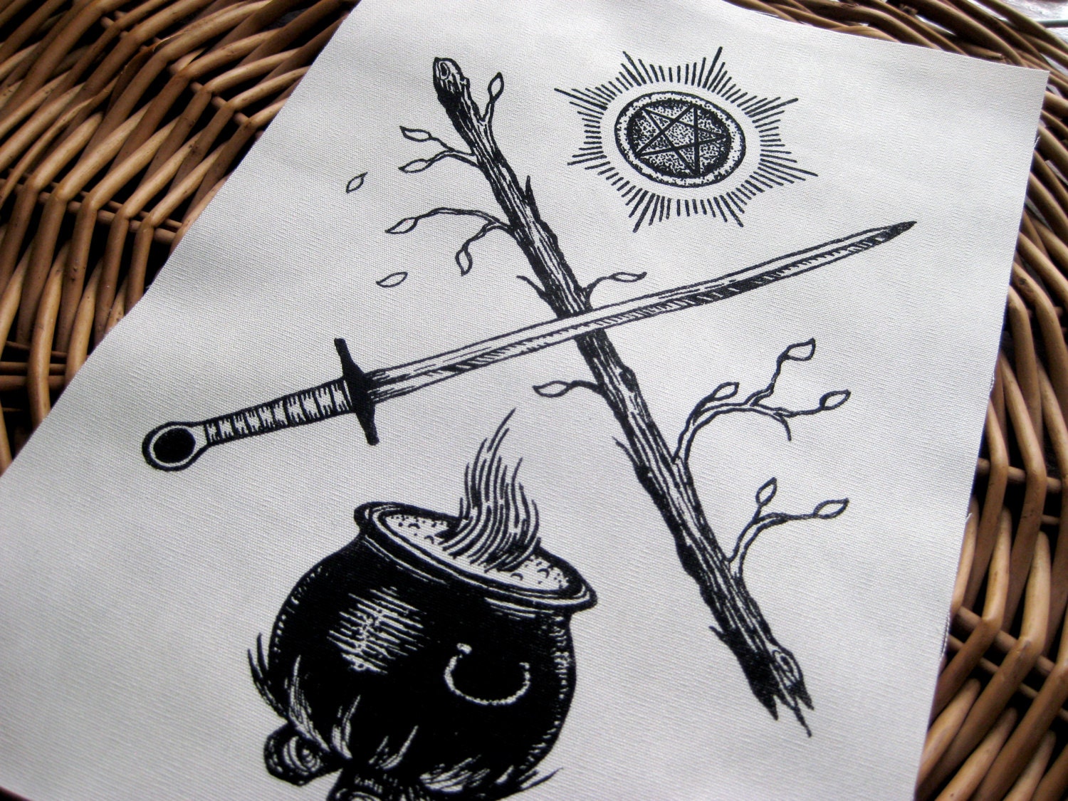 The Tarot Suits BACK PATCH hand drawn and handmade screen printed patch, black on natural