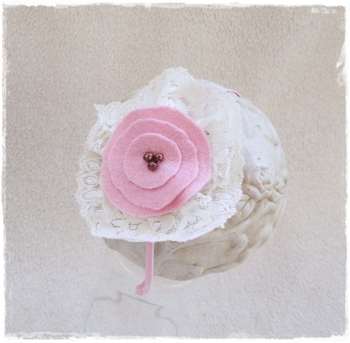 Pink Felt flower headband with lace  newborn, baby, girl, women, adult on skinny elastic europeanstreetteam