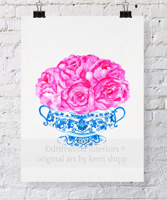 Blue and White China Vase with Pink Roses - "Bouquet in Flow Blue" Watercolor Print 8x10 - Ginger Jar Print - Chinoiserie Art Print