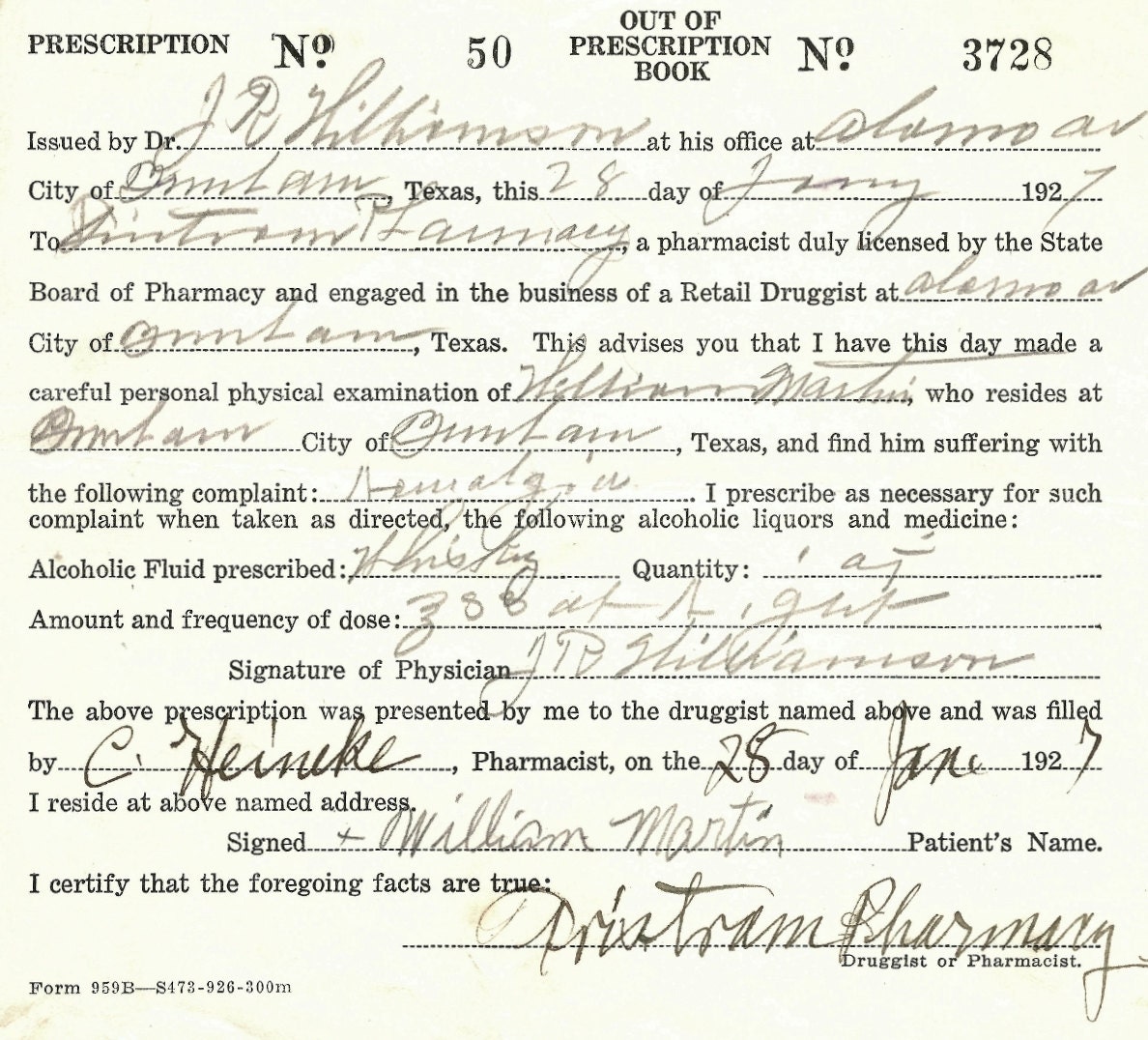 Antique 1927 PROHIBITION WHISKEY Texas Rx Prescription William Martin Doctor J. R. Williamson Pharmacy Restaurant Bar