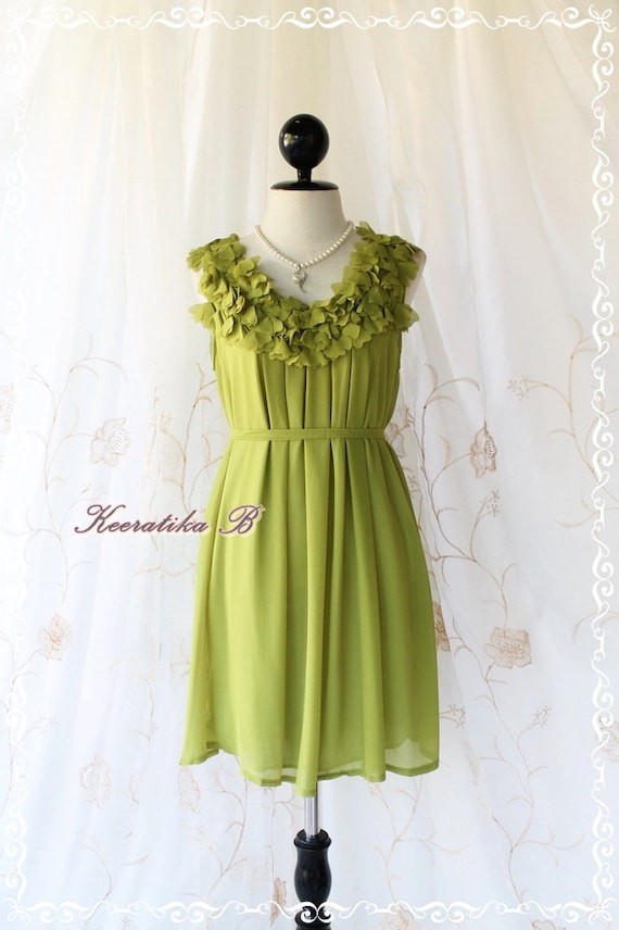 A Party III - Dress - Sweet Party Wedding Bridesmaid Cocktail Dinner Dress Olive Green Color Heart Ruffle Around Neck XS-M