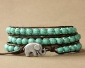 Turquoise Beaded Leather Wrap Bracelet - the lucky elephant Original with Natural Stone & GOOD LUCK ELEPHANT Button