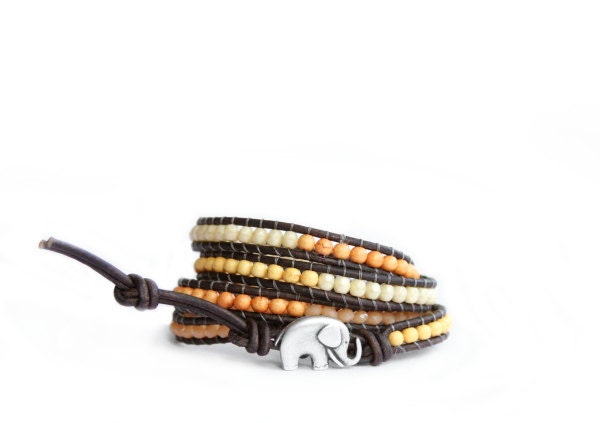 Mustard and Cream Beaded Leather Wrap Bracelet - the lucky elephant Original with Good Luck Elephant Button