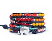 925 Sterling Silver GOOD LUCK ELEPHANT Button... Colorful Beaded Leather Wrap Bracelet - the Lucky Elephant Exclusive