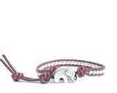 Brown and Silver Rock and Roll Beaded Leather Wrap Bracelet - the lucky elephant Original with Polished Pewter & GOOD LUCK ELEPHANT Button