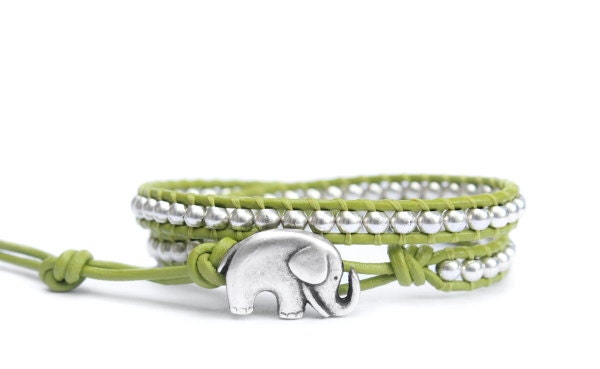 Lime and Silver  Beaded Leather Wrap Bracelet - the lucky elephant Original with Polished Silver Pewter & GOOD LUCK ELEPHANT Button