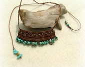 Cleopatra macrame necklace - beaded macrame - brown wax thread with bronze and turquoise gemstone beads