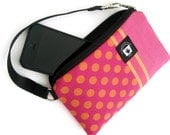 iPhone 5 Wallet Case, Samsung Cell Phone Wristlet, Cell Phone PADDED Gadget Cover, Hot Pink and Orange Dots