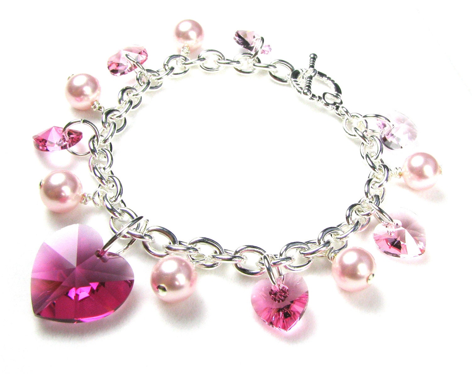Pink Swarovski Pearl and Crystal Heart Charm Bracelet Fuchsia Rose