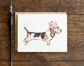 Basset Hound card with flower crown, blank card for writing notes dog card flowers dog lover