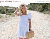 20% Off MEMORIAL DAY SALE Vtg 1960s 60s White Eyelet Babydoll Dress w/ Light Blue Lining Xs