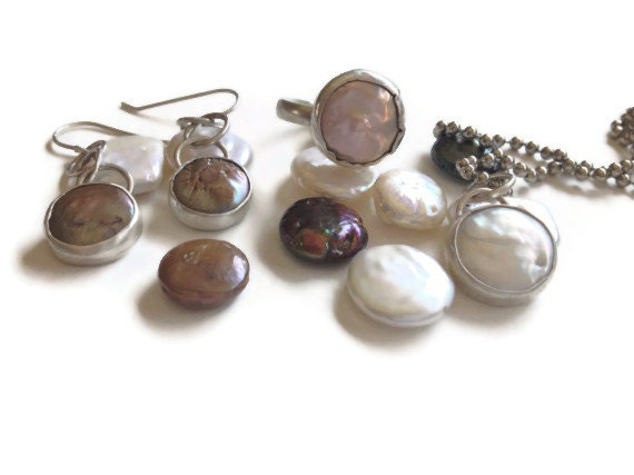 The 2013 mermaid Coin Pearl SET  featuring Sterling silver bezel set dangle earrings, ring and pendant. Sundance style TAGT