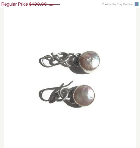 Spring Savings Sale Mermaid Coin pearl and Sterling silver bezel set dangle earrings Sundance style
