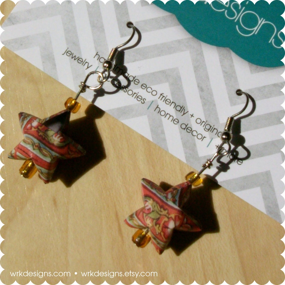 Moroccan Patterned - 3D Origami Paper Star Earrings - Upcycled - OOAK