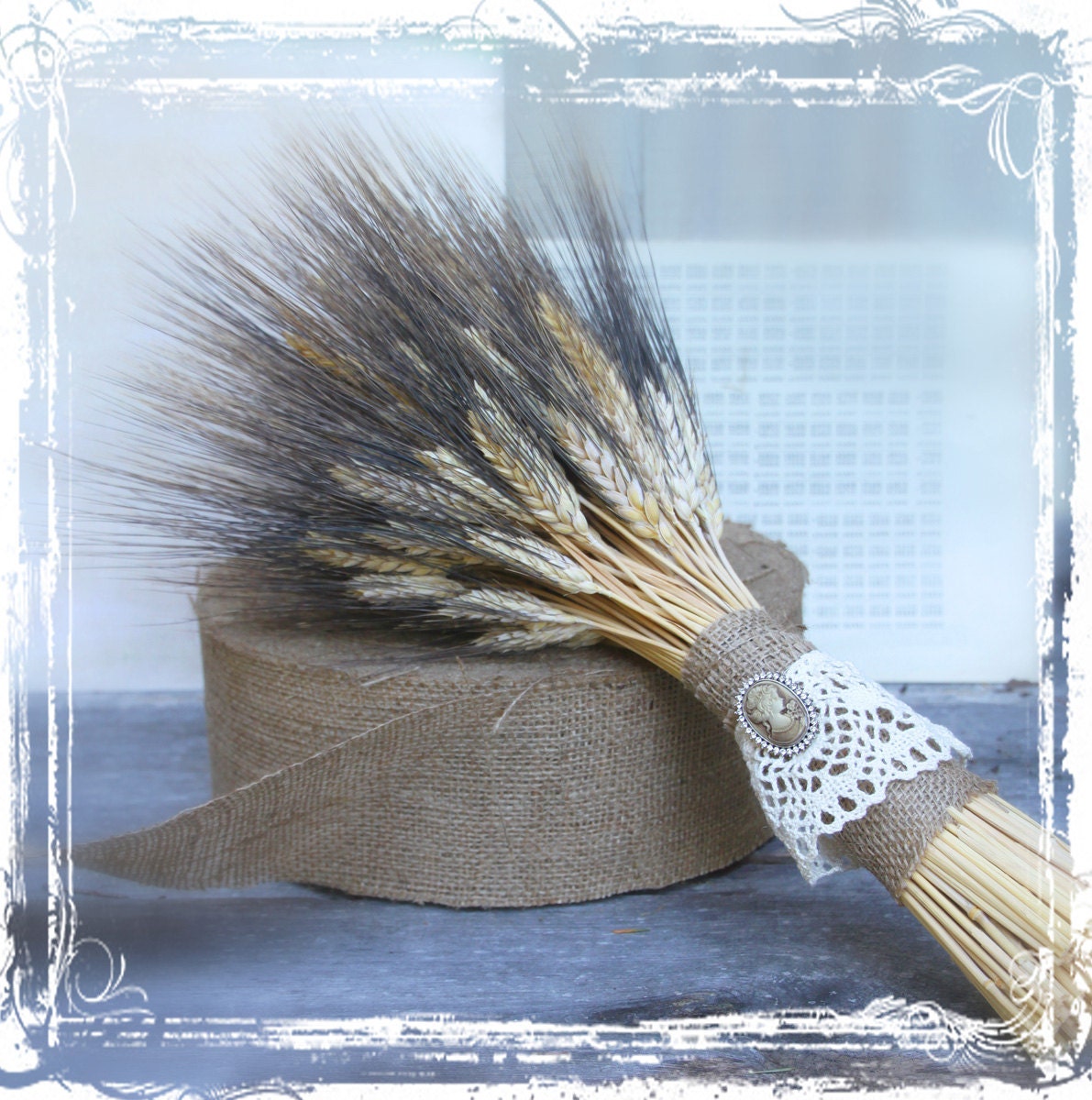 Waves Of Grain Bouquet - Wheat Weddings - Bridal Bridesmaids - Hand Tied Dried Arrangement - Country Wedding - Lace Burlap Rustic Brooch