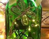 Beautiful Glittery Green and Gold Jagermeister Liquor Bottle Light, Night Light, Bottle Lamp, Dragonflies Design
