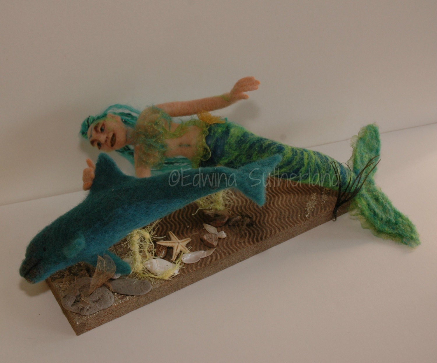 Mermaid and dolphin figures, needle felted sculpture