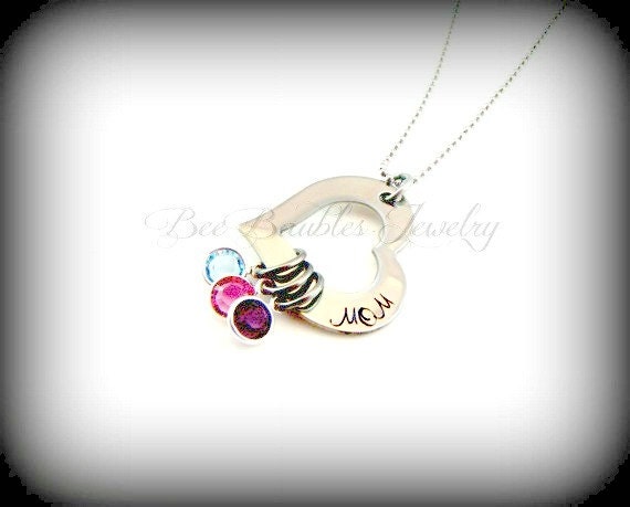 Hand Stamped Heart Washer Birthstone Personalized Necklace - Mothers Necklace- Mothers Jewelry
