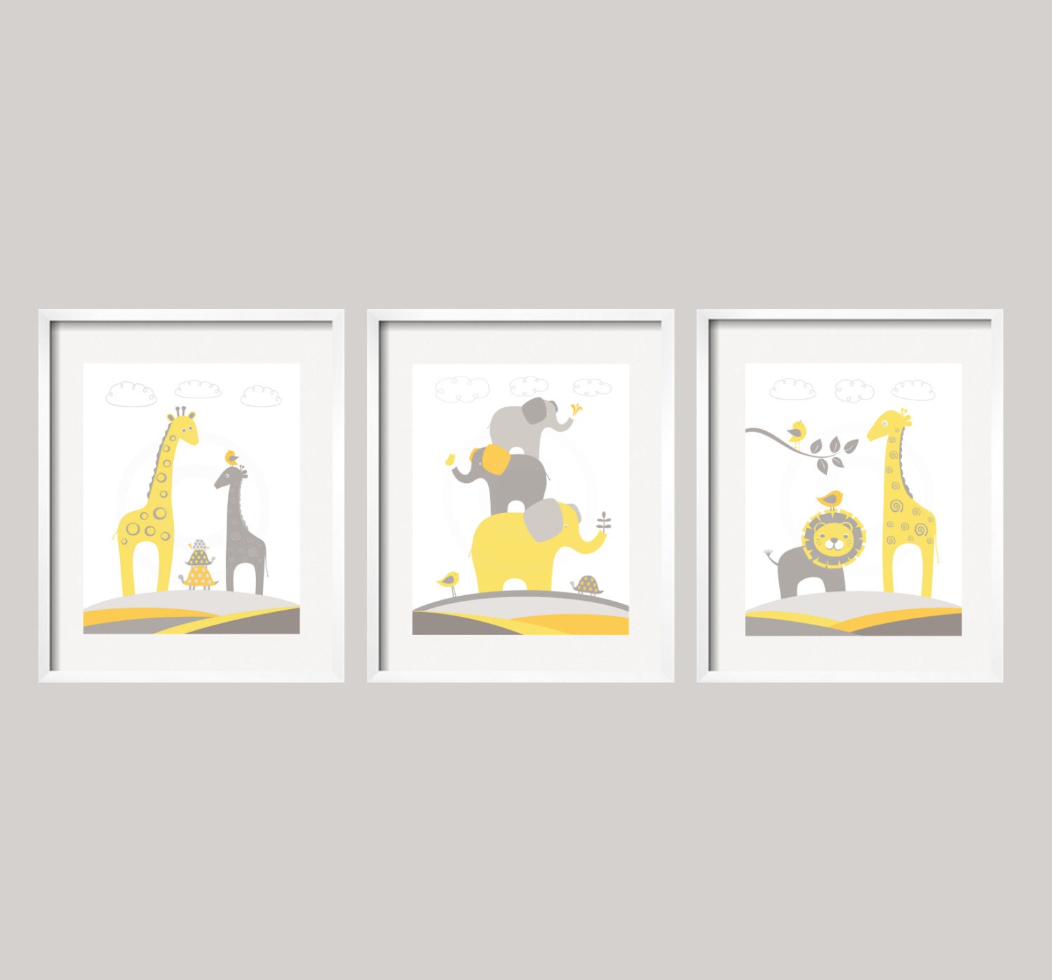 Nursery Decor Yellow and Gray Safari Animal Art  Set of 3 prints 8x10 great baby shower gift for boy or girl, Nursery art