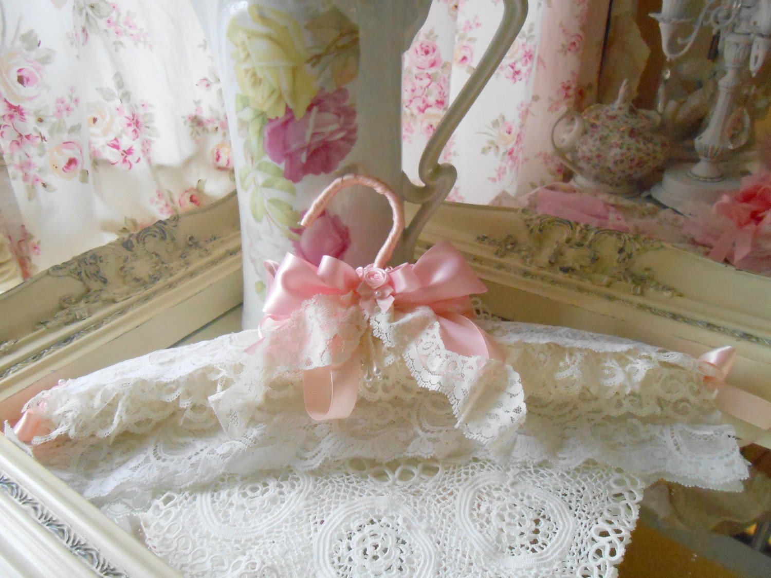 Princess Pink Pearl French Hanger Rose Vintage Bridal Lace Shabby Chic Valentine Christmas French Marie Antoinette Victorian   SCT
