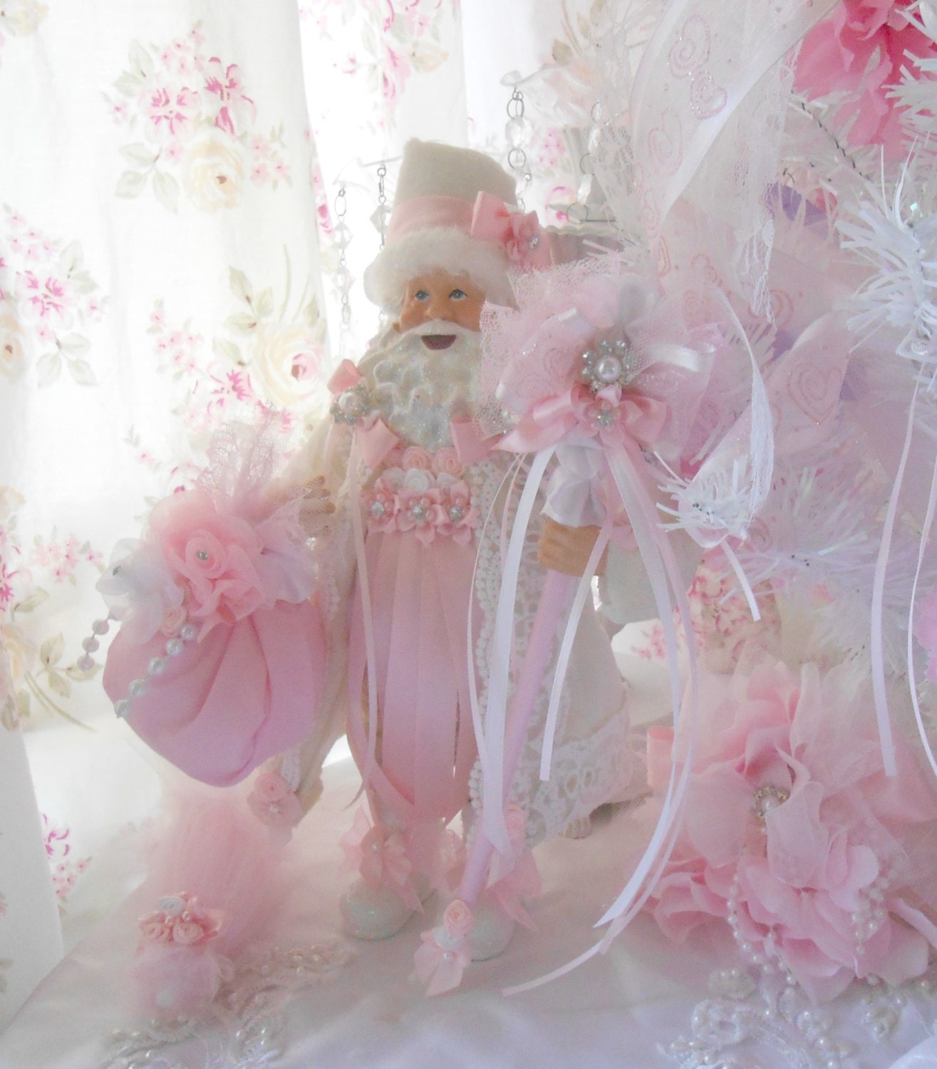 Candy Pink Rose Princess Shabby Chic Santa Doll White Bridal Lace Bow Floral Arrangement  Marie Antoinette Victorian  SCT