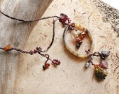 Talisman necklace with horn, Garnet, Labradorite and Baltic Amber, jewelry without metal