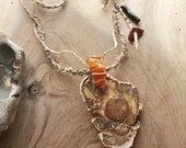 Petrified Wood eco necklace with Baltic Amber, Black Coral, fine silver - natural, earthy brown - statement jewelry