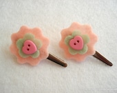 Two Pink and Green Felt Flower Hair Clips Pack of 2 Pink Hair Slides