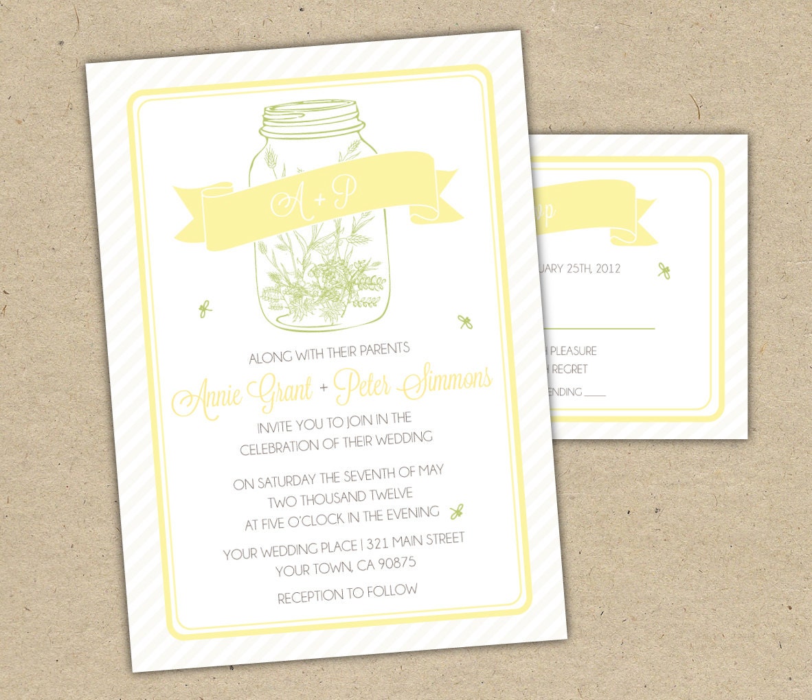 Mason Jar Wedding Invitation. Rustic Country Chic Dragon flies wild flowers pin stripe (1057)