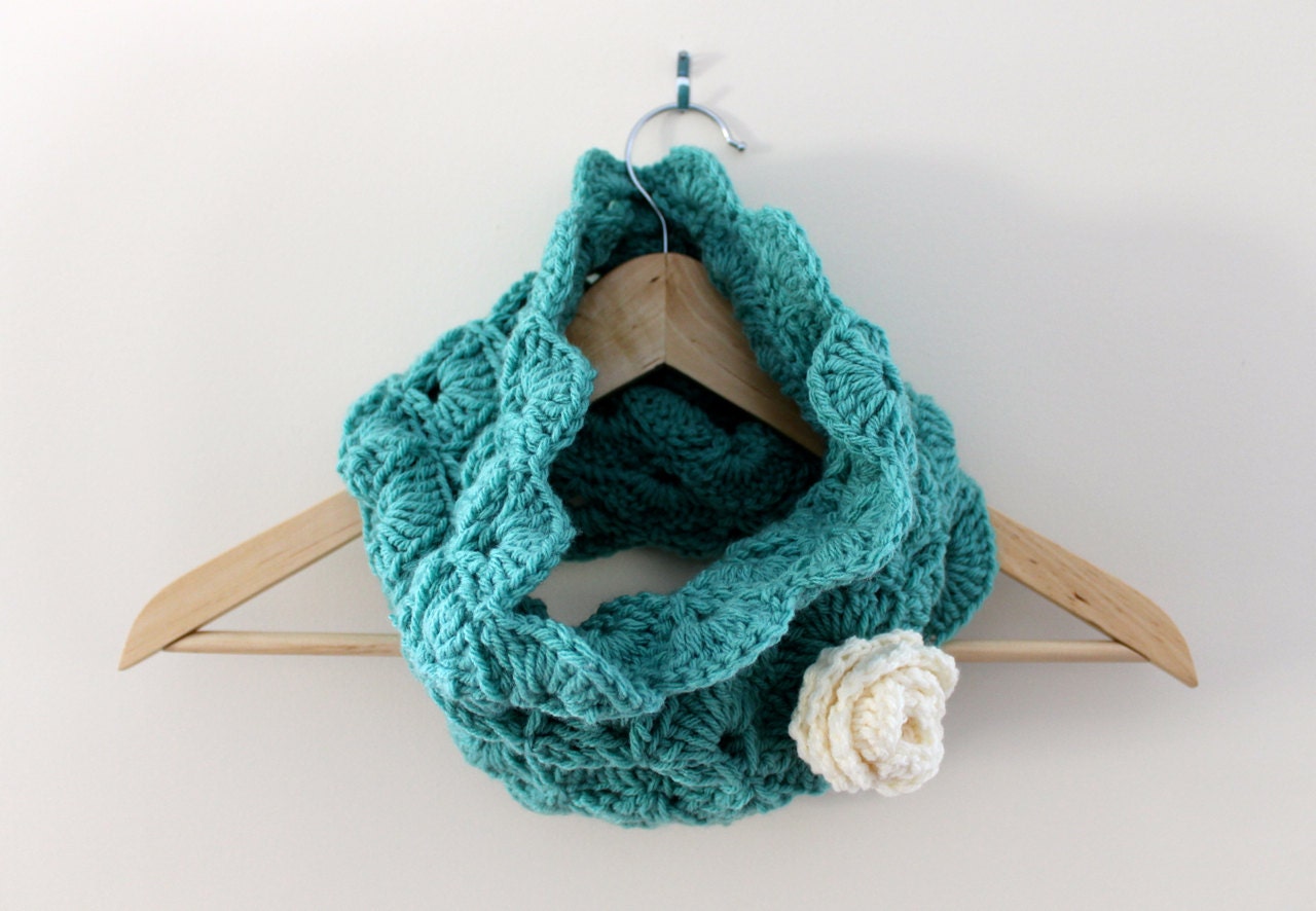 Women's Crocheted Cowl - Turquoise with Off White Crocheted Rose