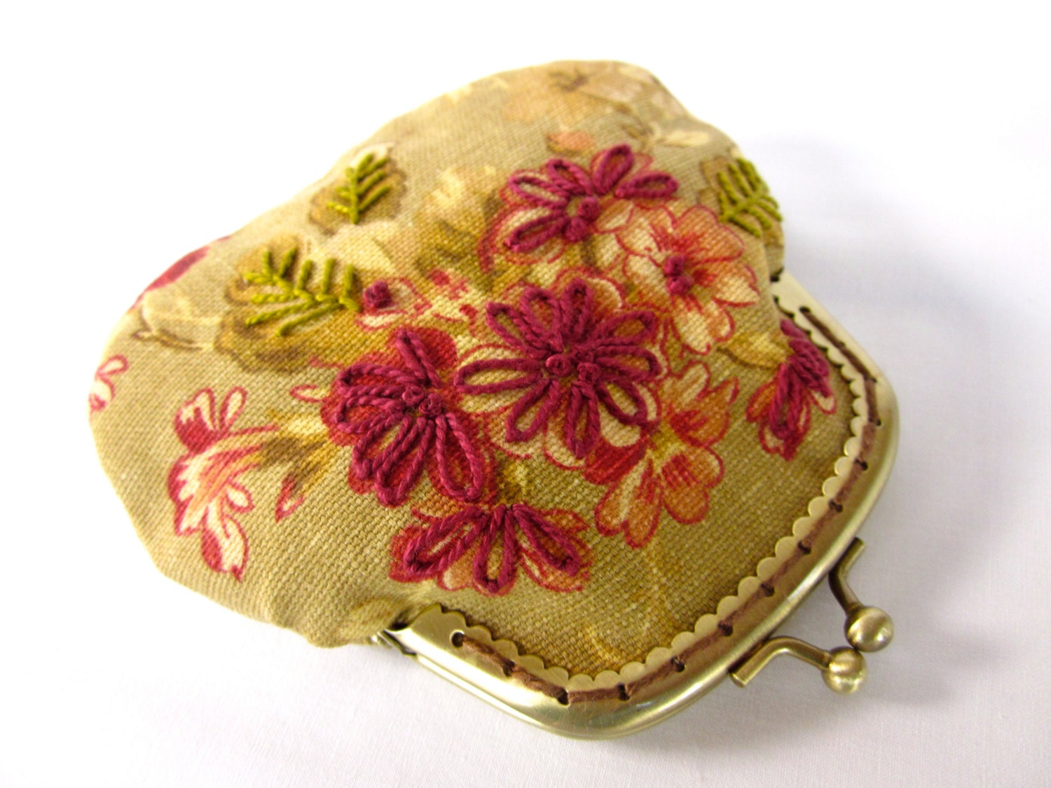 hand embroidered snap coin purse wallet - sage green rose wine burgundy floral - julieandco2 - waverly fabric metal kiss lock frame