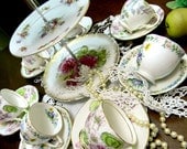 7 Matching Sets DEMITASSE Cups and Saucers Lot - Tea Party or Vintage Roslyn China - Bulk Teacups  - Tiered Tidbit Tray 9803