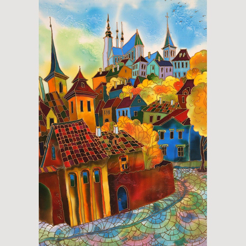 GICLEE  Print On LUSTER Paper -Of Original Painting-SILK Painting- Acrylic  Painting- Fine Art Print- Cityscape-Prague-Europe -13inX19in