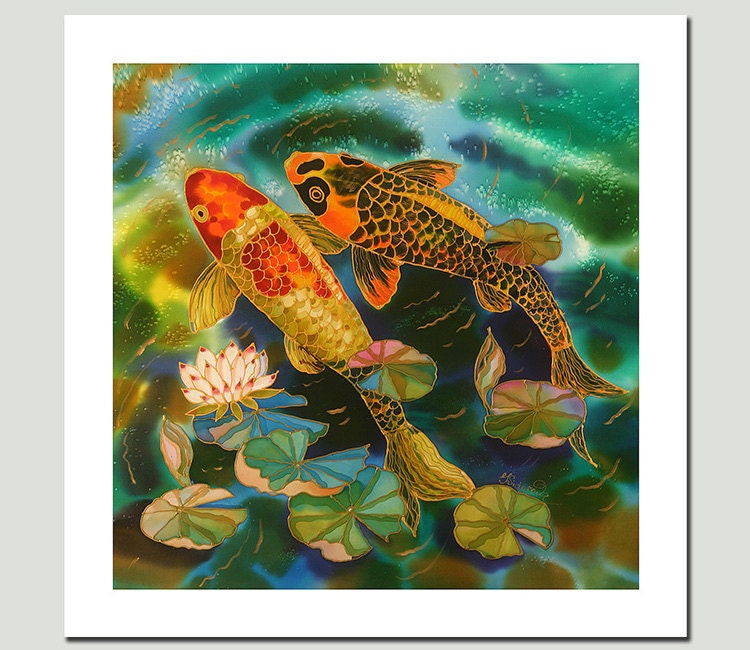 GICLEE Print-Of Original Painting-SILK Painting-Acrylic Painting-FISHES-Lotus-Koi -13inX19in