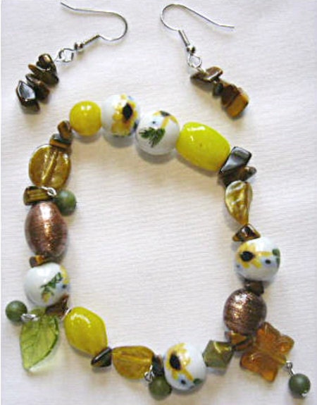Handcrafted Bright Yellow Beads, Tigers Eye gemstone and yellow flower beads - Leaf and Butterfly charms, Summer Bracelet-Earring Set