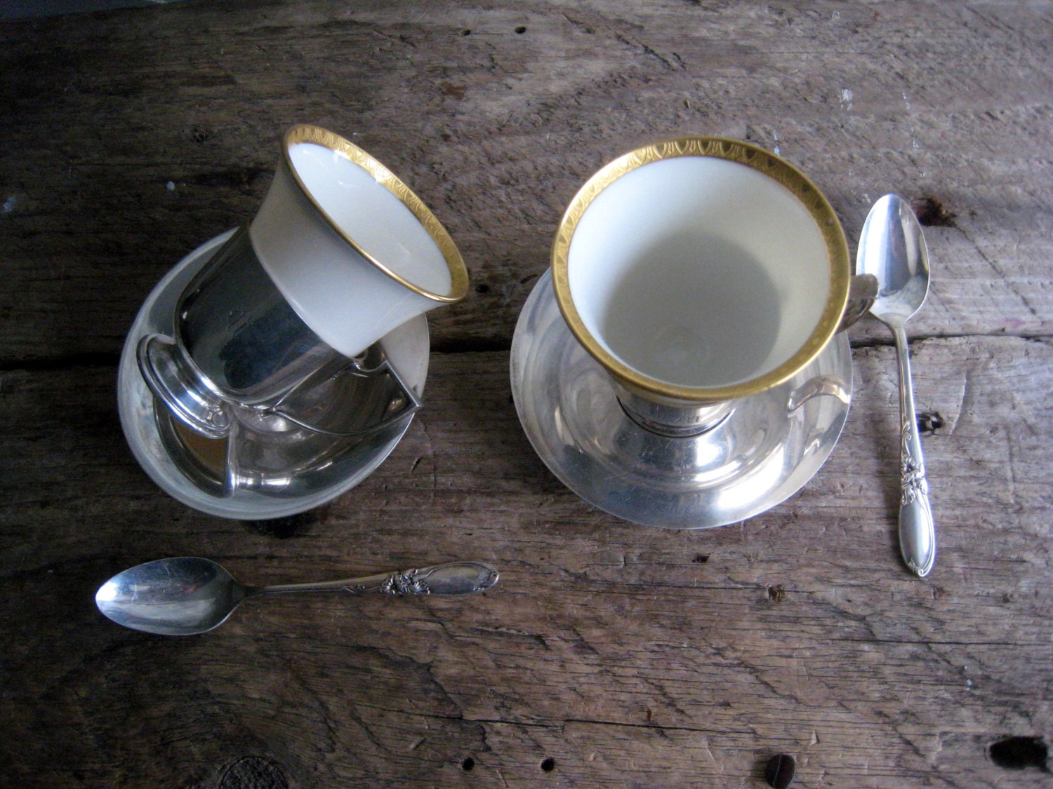 Pair of Art Deco Sterling Silver and Porcelain 1930's Espresso /Coffee Cups
