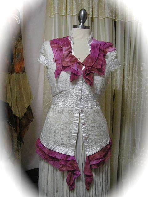 Upcycled Lace Blouse, soft white lace top, layered chiffon ruffles, romantic sexy altered clothing MEDIUM