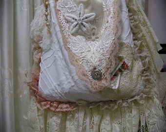 Victorian Style Bag, handmade shabby romantic, white creme pink cotton bag, vintage lace embellishments
