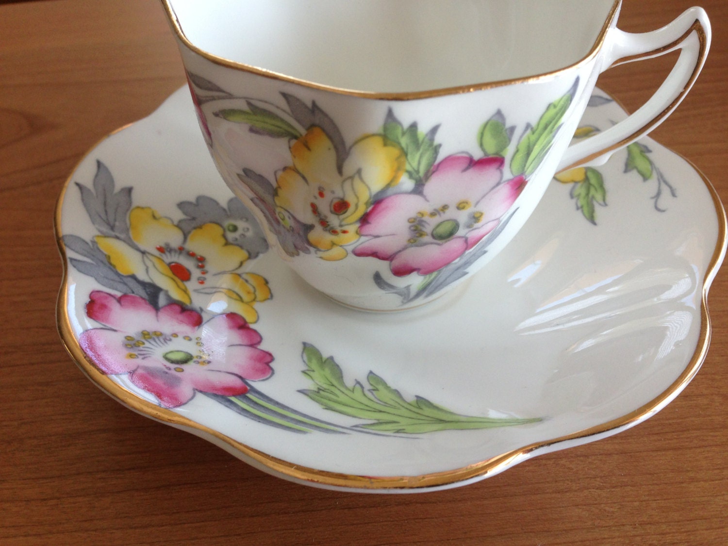 Rosina English Fine Bone China Vintage Teacup & Saucer Set - Anemones - hexangonal -grey - yellow - pink - orange - hand painted detail