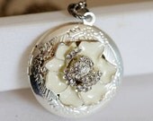 ON SALE Silver Locket,Rhinestone Flower Locket,Filigree Locket Necklace,Vintage Locket,Wedding,Bridal Jewelry,Bridesmaids Gift