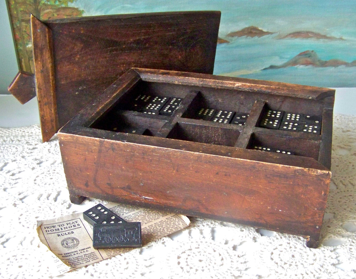 Antique Dominoes Double Twelve Express Train Hand Made Box