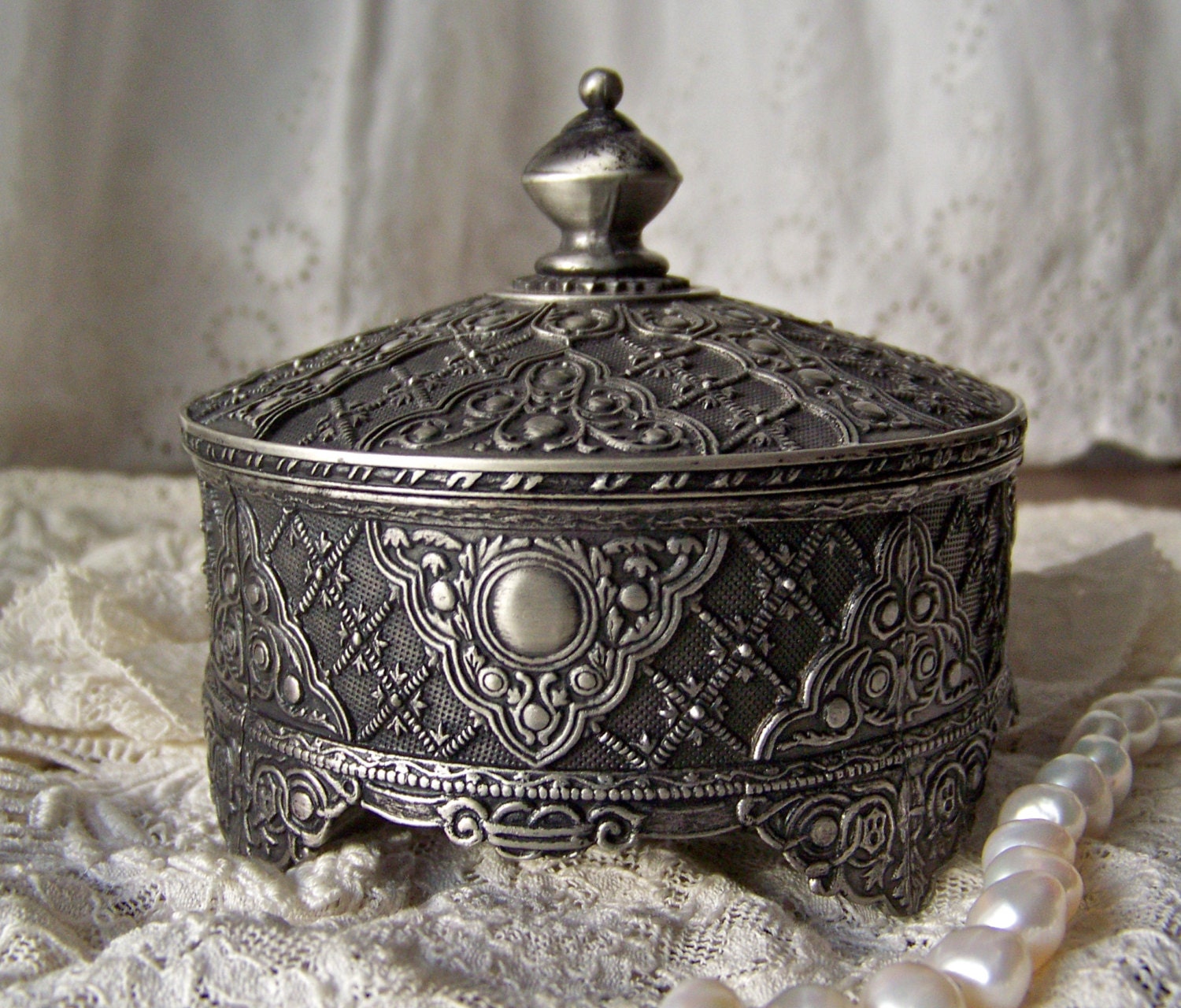 Vintage Jewelry Box Trinket Box Pewter