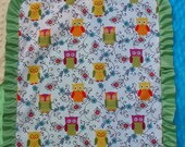 PERSONALIZED Minky Lovey BLANKET With Satin Ruffle - OWLS With Minky