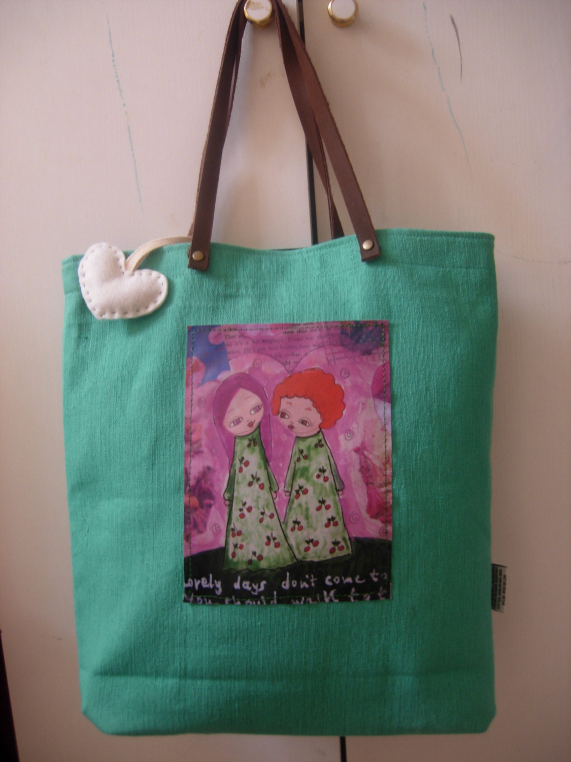 Lovely Days  -art bag in sea foam/light tyrchoise and a waterproof fabric art print on by A Pink Dreamer