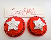 Red and Silver Star Crocheted Nipple Pasties with tape