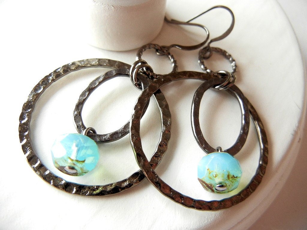 Hammered Hoop Earrings, Gunmetal, Blue, Picasso Czech Glass, Gift for Her