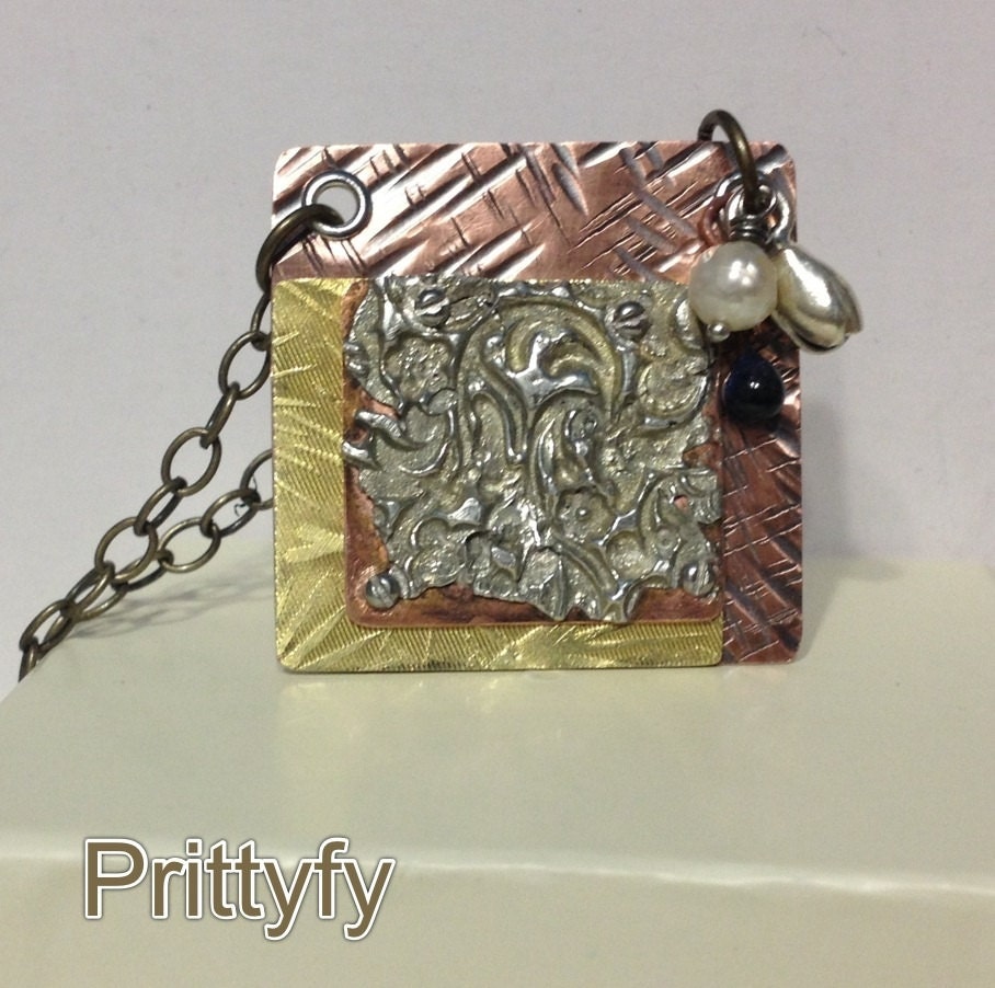 Organic LANDSCAPE Stamped Necklace Three-Tone Geometrical Asymmetrical Pendant